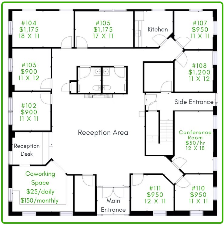 Sota Workspaces main floor plan with suite numbers and pricing