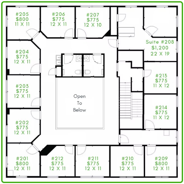 Sota Workspaces upper floor plan with suite numbers and pricing